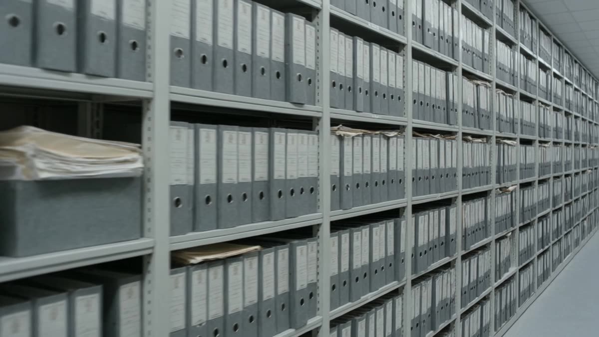 Long wall of archive shelving with paper files