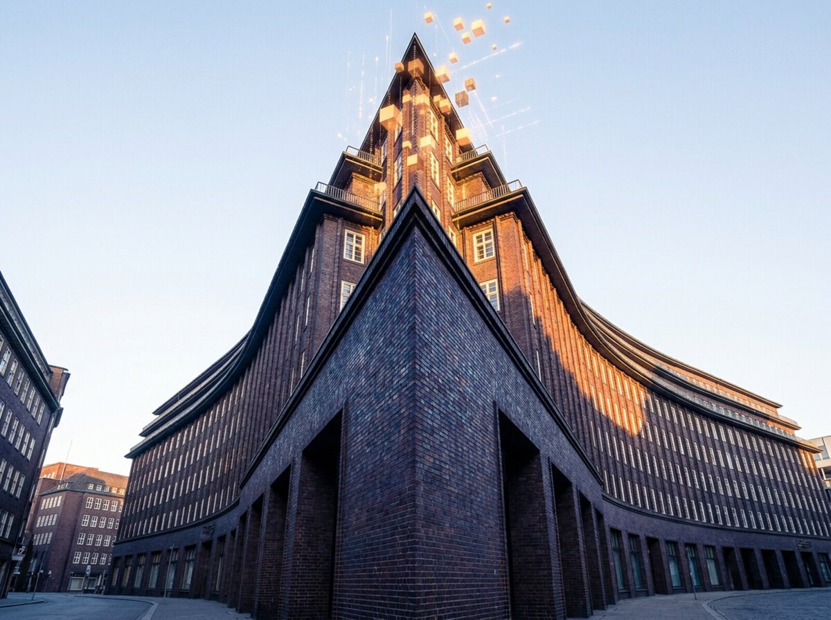 The prow-shaped corner of the Chilehaus in Hamburg in morning light, its top terraces dissolving into glowing cubes