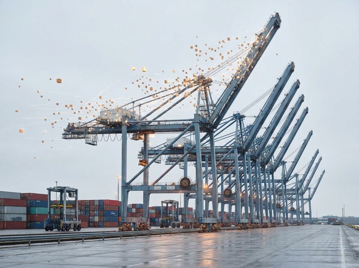 A row of container gantry cranes in the Port of Hamburg, the nearest boom dissolving into glowing cubes