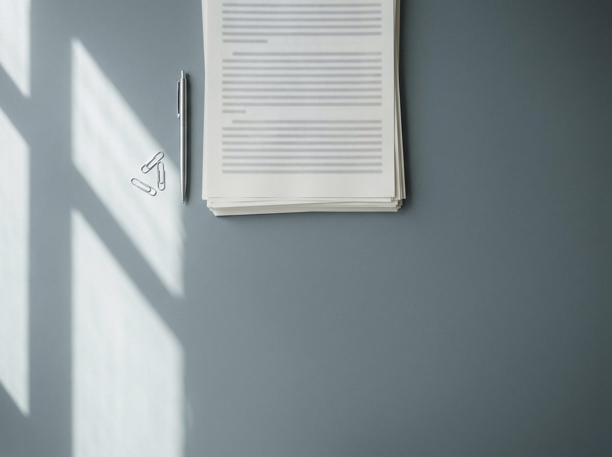 Stack of printed documents on a grey desk in cool daylight