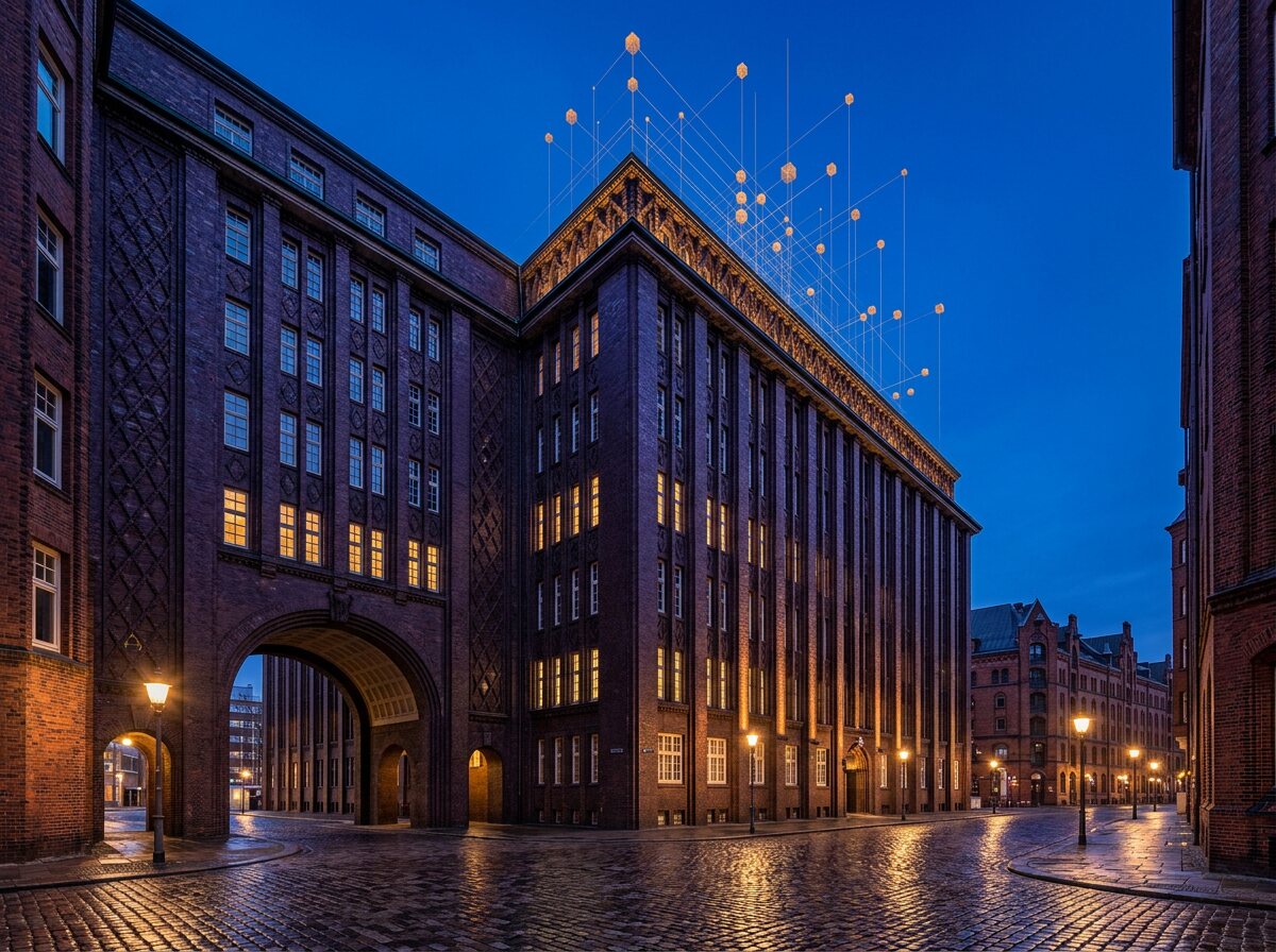 Hamburg&rsquo;s Kontorhaus quarter at blue hour, glowing cubes rising above the cornice