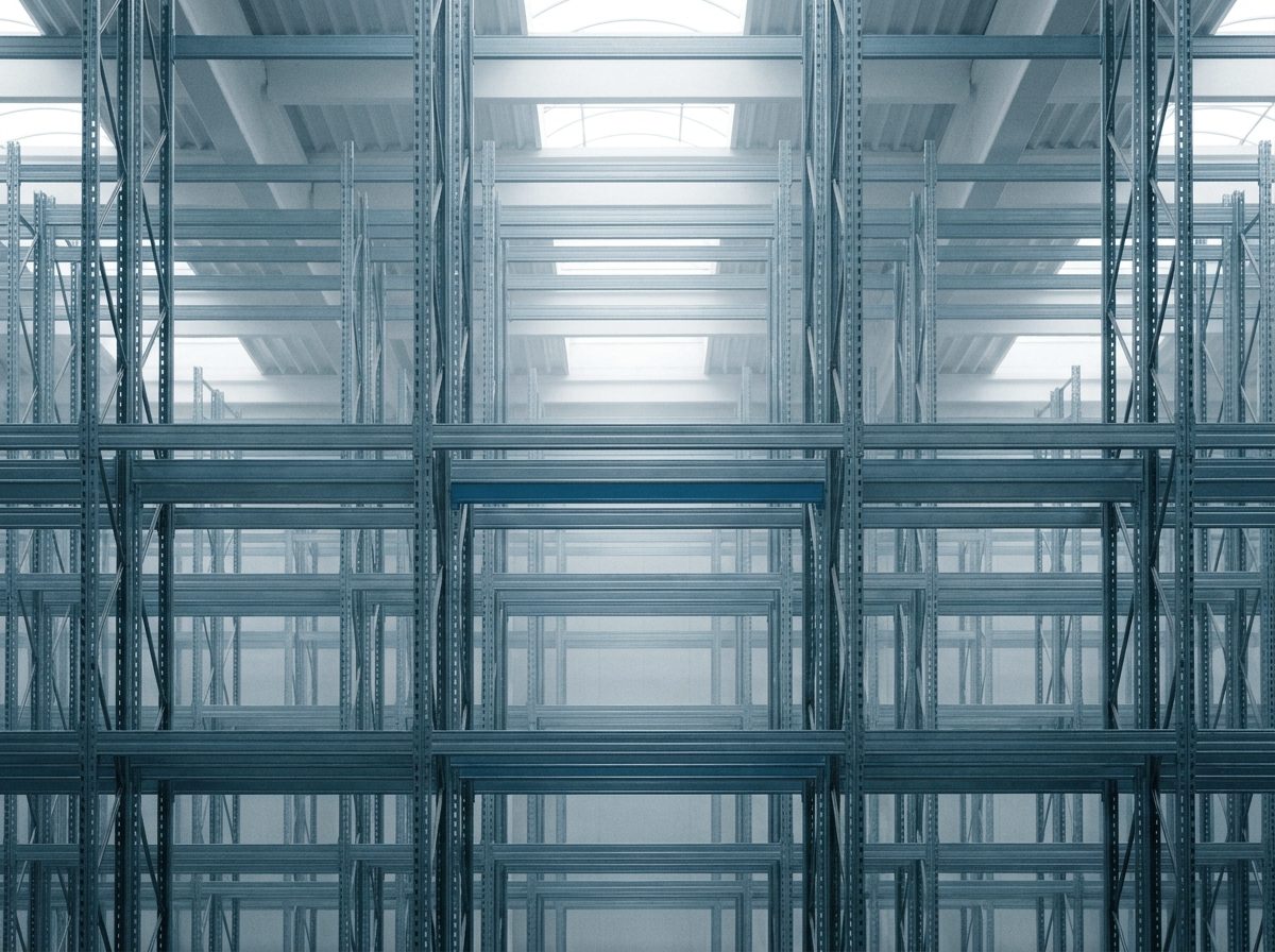Empty industrial pallet racking photographed head-on