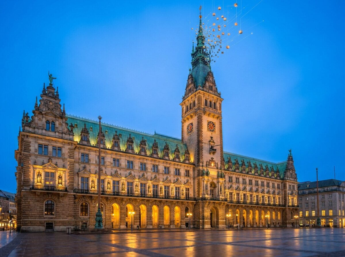 Das Hamburger Rathaus zur blauen Stunde, die Turmspitze löst sich in leuchtende Würfel auf