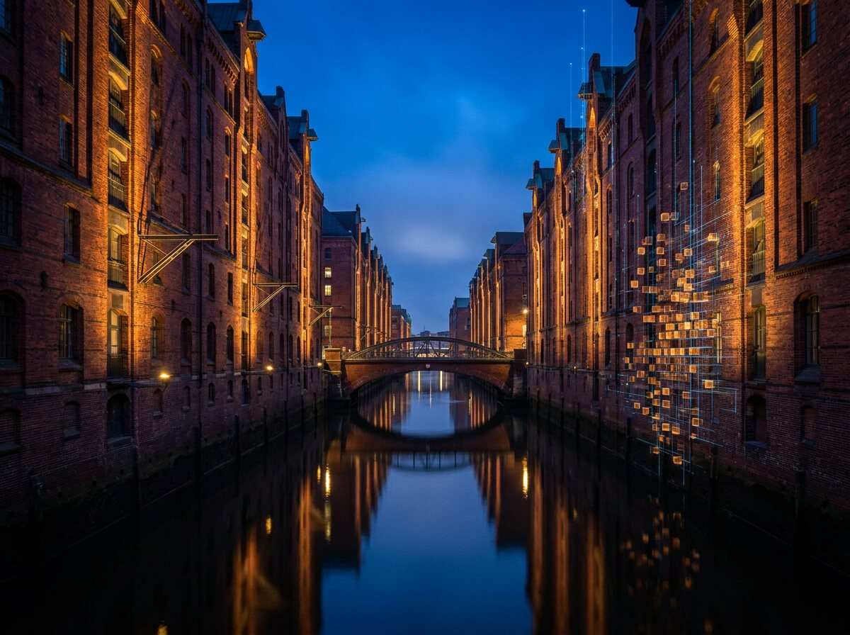 Der Zollkanal in Hamburg in der Dämmerung, Speicherfassade löst sich in leuchtende Würfel auf